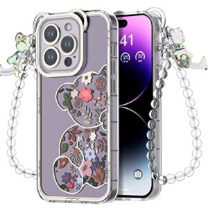aicase for iphone 14 pro max case cute for women girl, bear floral flowers girly clear kawaii phone case with bracelet wrist strap chain and camera protection pretty trendy protective cover