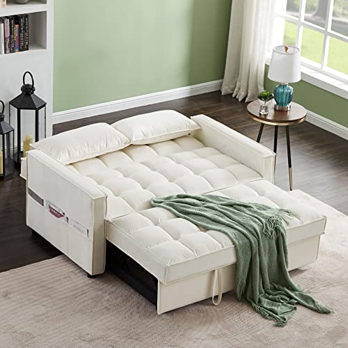 Melpomene Convertible Sofa Bed with Adjustable Backrest, 58" Modern Velvet Loveseat Sofa with Pull-Out Bed,2 Lumbar Pillows, Side Pockets, for Small Spaces(Beige)