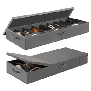 house again under bed shoe storage organizer with lid, foldable shoes storage bin set of 2, stackable underbed storage containers with 2 handles, fits total 22 pairs, dark grey
