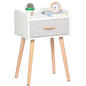 LUCKNOCK NightStand with Fabric Drawer, Bedside Table with Solid Wood Legs, Minimalist and Practical End Side Table for Bedroom, White.