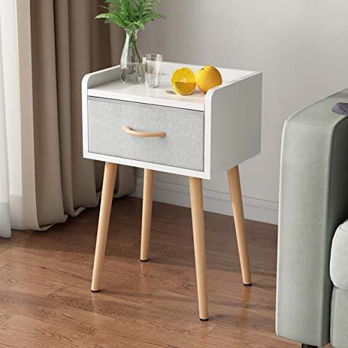 LUCKNOCK NightStand with Fabric Drawer, Bedside Table with Solid Wood Legs, Minimalist and Practical End Side Table for Bedroom, White.