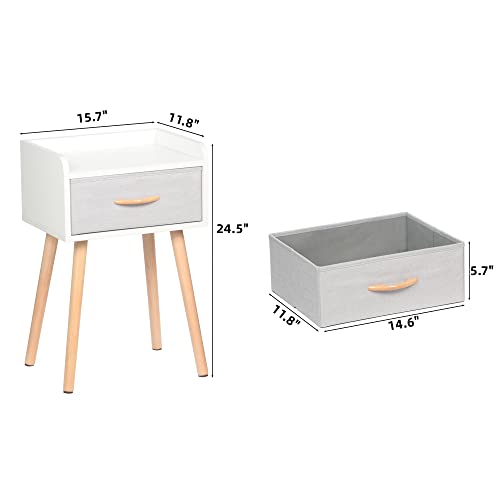 LUCKNOCK NightStand with Fabric Drawer, Bedside Table with Solid Wood Legs, Minimalist and Practical End Side Table for Bedroom, White.