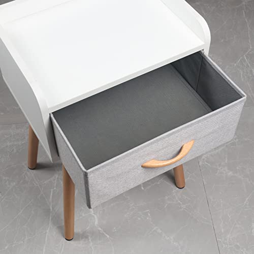 LUCKNOCK NightStand with Fabric Drawer, Bedside Table with Solid Wood Legs, Minimalist and Practical End Side Table for Bedroom, White.