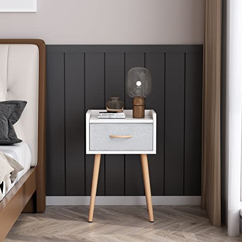 LUCKNOCK NightStand with Fabric Drawer, Bedside Table with Solid Wood Legs, Minimalist and Practical End Side Table for Bedroom, White.