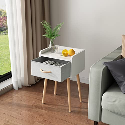 LUCKNOCK NightStand with Fabric Drawer, Bedside Table with Solid Wood Legs, Minimalist and Practical End Side Table for Bedroom, White.