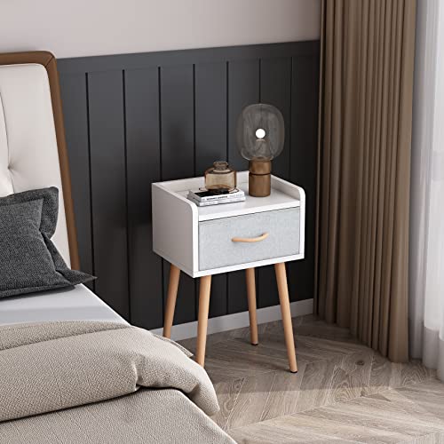 LUCKNOCK NightStand with Fabric Drawer, Bedside Table with Solid Wood Legs, Minimalist and Practical End Side Table for Bedroom, White.