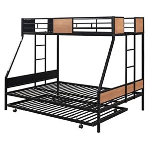 MOEO Twin Over Full Metal Bunk Bed with Trundle for Kids, Steel Bedframe w/Two Ladders, Guard Rail, Bedroom Furniture, No Spring Box Required, Black