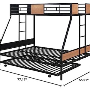 MOEO Twin Over Full Metal Bunk Bed with Trundle for Kids, Steel Bedframe w/Two Ladders, Guard Rail, Bedroom Furniture, No Spring Box Required, Black