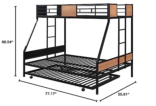 MOEO Twin Over Full Metal Bunk Bed with Trundle for Kids, Steel Bedframe w/Two Ladders, Guard Rail, Bedroom Furniture, No Spring Box Required, Black