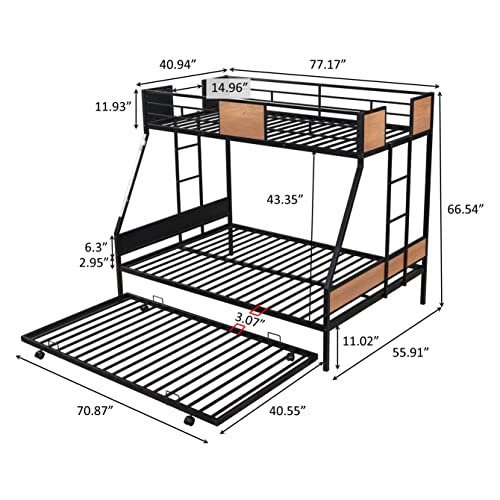 MOEO Twin Over Full Metal Bunk Bed with Trundle for Kids, Steel Bedframe w/Two Ladders, Guard Rail, Bedroom Furniture, No Spring Box Required, Black