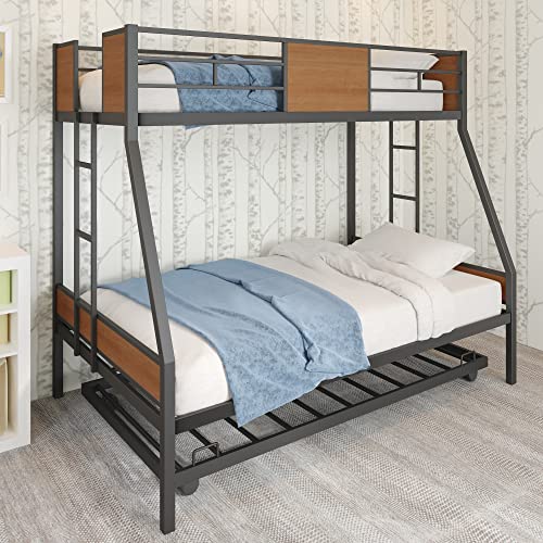 MOEO Twin Over Full Metal Bunk Bed with Trundle for Kids, Steel Bedframe w/Two Ladders, Guard Rail, Bedroom Furniture, No Spring Box Required, Black