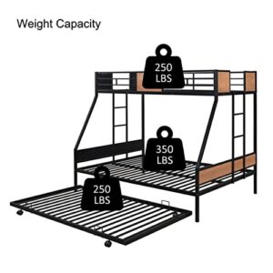 MOEO Twin Over Full Metal Bunk Bed with Trundle for Kids, Steel Bedframe w/Two Ladders, Guard Rail, Bedroom Furniture, No Spring Box Required, Black