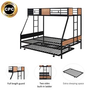 MOEO Twin Over Full Metal Bunk Bed with Trundle for Kids, Steel Bedframe w/Two Ladders, Guard Rail, Bedroom Furniture, No Spring Box Required, Black