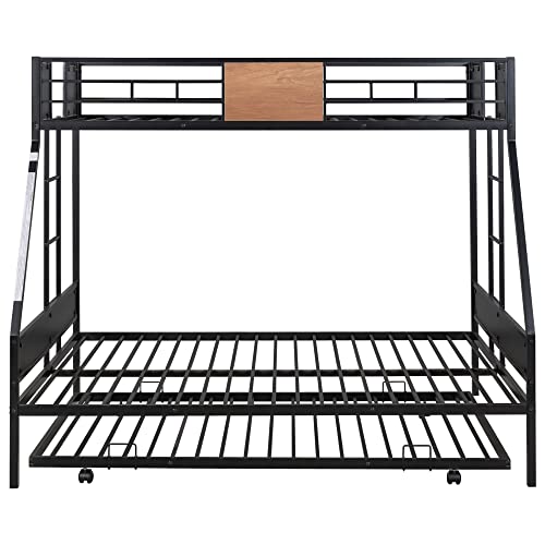 MOEO Twin Over Full Metal Bunk Bed with Trundle for Kids, Steel Bedframe w/Two Ladders, Guard Rail, Bedroom Furniture, No Spring Box Required, Black