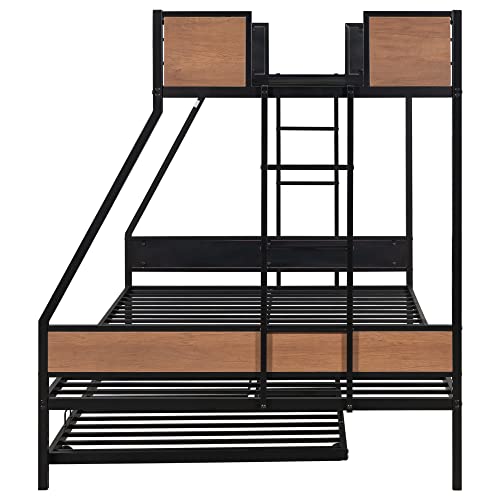 MOEO Twin Over Full Metal Bunk Bed with Trundle for Kids, Steel Bedframe w/Two Ladders, Guard Rail, Bedroom Furniture, No Spring Box Required, Black