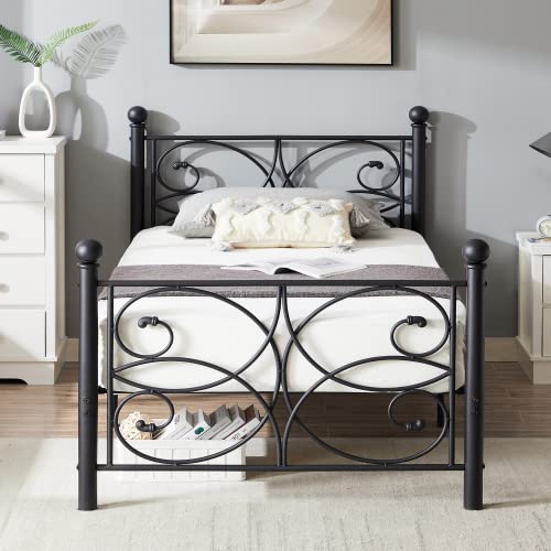 VECELO Twin Bed Frame with Headboard and Footboard, Metal Mattress Foundation, Heavy Duty Platform, No Box Spring Needed, Matte Black