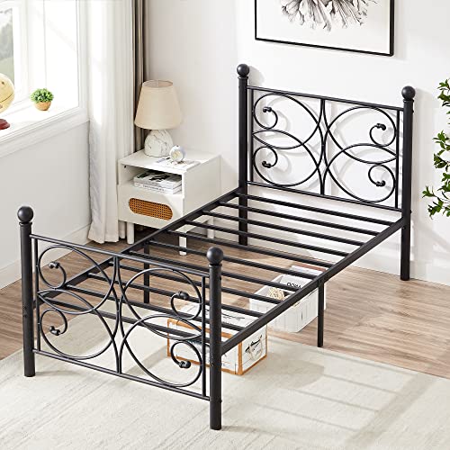 VECELO Twin Bed Frame with Headboard and Footboard, Metal Mattress Foundation, Heavy Duty Platform, No Box Spring Needed, Matte Black