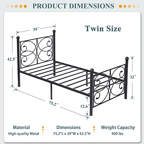 VECELO Twin Bed Frame with Headboard and Footboard, Metal Mattress Foundation, Heavy Duty Platform, No Box Spring Needed, Matte Black