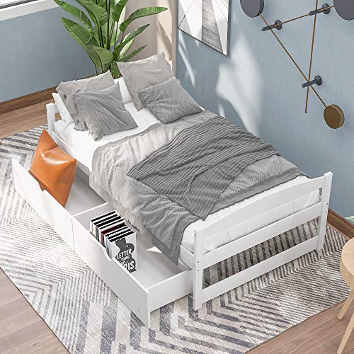 Majnesvon Twin Size Platform Bed with Two Drawers, Solid Wood Daybed Frame for Bedroom Guest Room, Storage Bed, No Box Spring Needed (Pine Wood, White)