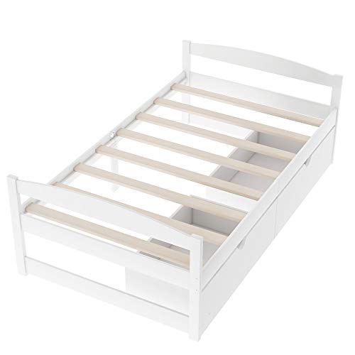 Majnesvon Twin Size Platform Bed with Two Drawers, Solid Wood Daybed Frame for Bedroom Guest Room, Storage Bed, No Box Spring Needed (Pine Wood, White)