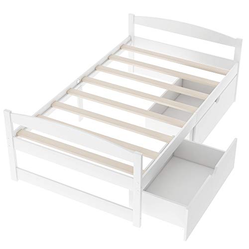 Majnesvon Twin Size Platform Bed with Two Drawers, Solid Wood Daybed Frame for Bedroom Guest Room, Storage Bed, No Box Spring Needed (Pine Wood, White)
