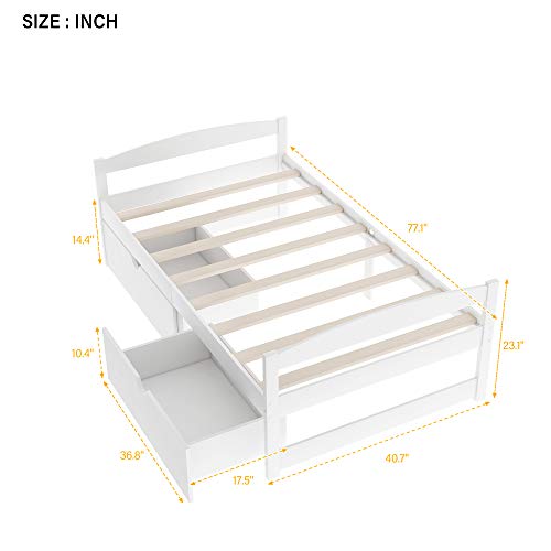 Majnesvon Twin Size Platform Bed with Two Drawers, Solid Wood Daybed Frame for Bedroom Guest Room, Storage Bed, No Box Spring Needed (Pine Wood, White)