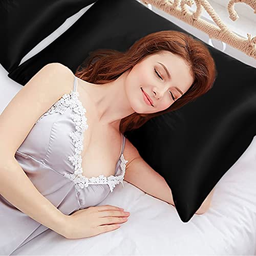 Yastouay Set of 2 Satin Pillow Covers Standard Size Silk Pillowcase with Envelope Closure Soft and Breathable Silk Pillowcase for Hair and Skin (Black, 20" x 26")