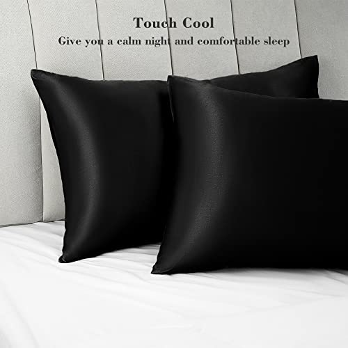 Yastouay Set of 2 Satin Pillow Covers Standard Size Silk Pillowcase with Envelope Closure Soft and Breathable Silk Pillowcase for Hair and Skin (Black, 20" x 26")