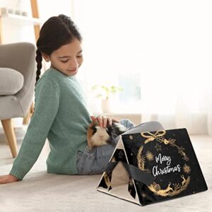 enheng Small Pet Hideout Gold Merry Christmas Wreath-01 Hamster House Guinea Pig Playhouse for Dwarf Rabbits Hedgehogs Chinchillas