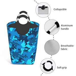Foldable Square Laundry Hamper Blue Camouflage Portable Folding Washing Bin Waterproof Collapsible Laundry Bag 50L Large Clothes Storage Basket with Handles for Home Bedroom
