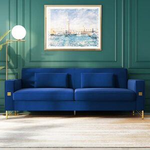 storfenbor blue 85'' velvet sofa, mid-century modern 3-seat couch with 2 pillows & gold legs for living room apartment large space