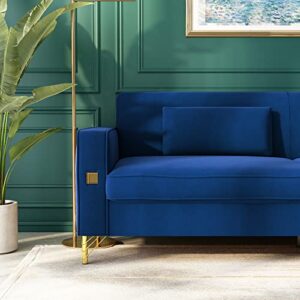 STORFENBOR Blue 85'' Velvet Sofa, Mid-Century Modern 3-Seat Couch with 2 Pillows & Gold Legs for Living Room Apartment Large Space