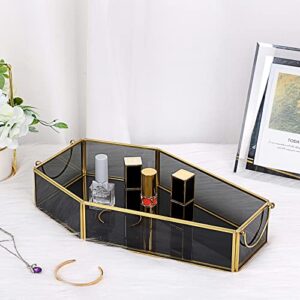 ELLDOO Gold Black Glass Coffin Tray, Gothic Home Decor Jewelry Tray, Coffin Shape Serving Tray, Spooky Decorative Tray Candle Tray with Handle for Halloween