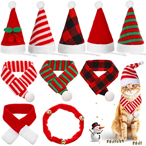 10 Pieces Christmas Cat Santa Hats with Scarf and Collar Set, Christmas Cat Costumes Pet Santa Hat Scarf Set Puppy Dog Christmas Hat Xmas Cat Outfit for Cats Small Dogs Puppy Christmas Accessories