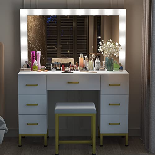 PAKASEPT Vanity Set with Lighted Mirror, 44'' Large Makeup Vanity with 14PCS LED Bulbs, Cushioned Stool & 7 Drawers, Vanity Desk White Vanity for Bedroom