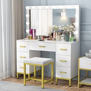 PAKASEPT Vanity Set with Lighted Mirror, 44'' Large Makeup Vanity with 14PCS LED Bulbs, Cushioned Stool & 7 Drawers, Vanity Desk White Vanity for Bedroom