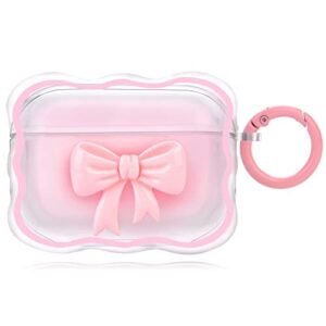 cute airpod pro case with keychain pink bow clear gradient design wavy border protective soft cover compatiable with airpods pro for women and girls