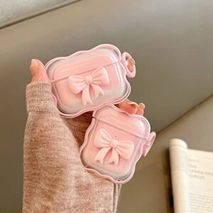 Cute AirPod Pro Case with Keychain Pink Bow Clear Gradient Design Wavy Border Protective Soft Cover Compatiable with AirPods Pro for Women and Girls
