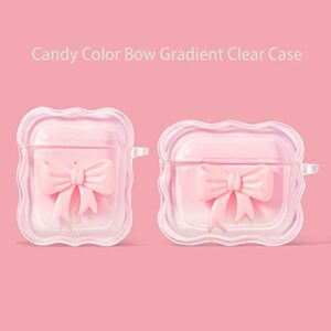 Cute AirPod Pro Case with Keychain Pink Bow Clear Gradient Design Wavy Border Protective Soft Cover Compatiable with AirPods Pro for Women and Girls