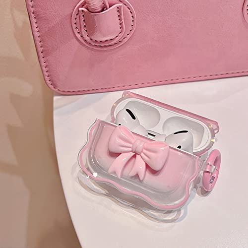 Cute AirPod Pro Case with Keychain Pink Bow Clear Gradient Design Wavy Border Protective Soft Cover Compatiable with AirPods Pro for Women and Girls