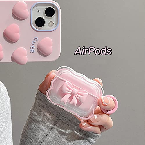 Cute AirPod Pro Case with Keychain Pink Bow Clear Gradient Design Wavy Border Protective Soft Cover Compatiable with AirPods Pro for Women and Girls