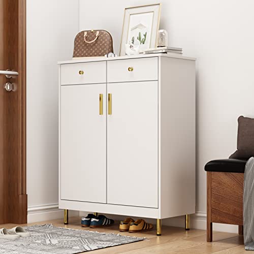 Homsee Shoe Storage Cabinet with 2 Doors & 2 Drawers, 4-Tier Freestanding Wood Shoe Rack Organizer with Adjustable Shelves for Entryway, Hallway, Bedroom, White (31.5”L x 13.8”W x 39.4”H)