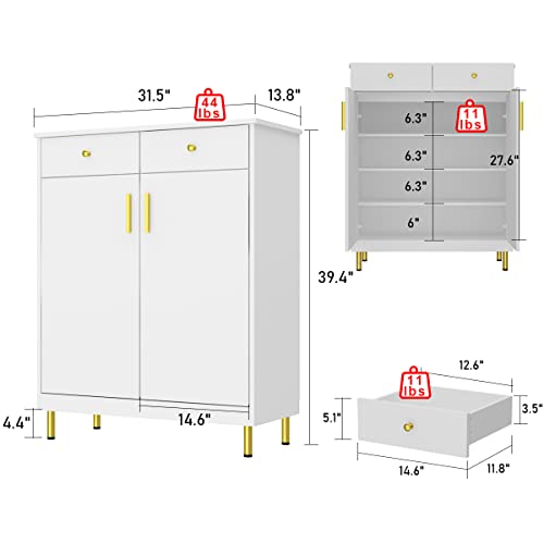 Homsee Shoe Storage Cabinet with 2 Doors & 2 Drawers, 4-Tier Freestanding Wood Shoe Rack Organizer with Adjustable Shelves for Entryway, Hallway, Bedroom, White (31.5”L x 13.8”W x 39.4”H)