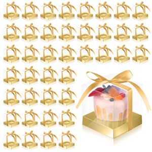 50 pcs clear cupcake boxes individual 3.5 inch plastic cupcake containers single cupcake boxes with inserts and ribbon individual cupcake holders cupcake storage for cake dessert carrier(gold, gold)