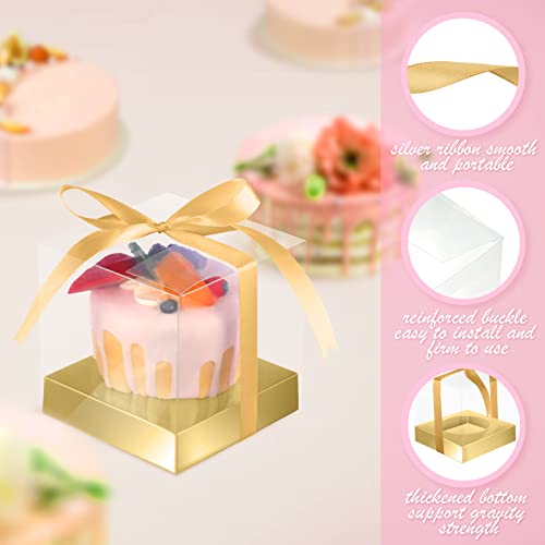 50 Pcs Clear Cupcake Boxes Individual 3.5 Inch Plastic Cupcake Containers Single Cupcake Boxes with Inserts and Ribbon Individual Cupcake Holders Cupcake Storage for Cake Dessert Carrier(Gold, Gold)