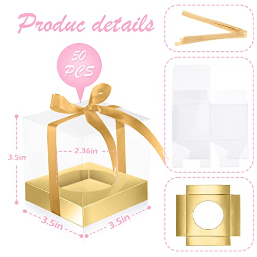 50 Pcs Clear Cupcake Boxes Individual 3.5 Inch Plastic Cupcake Containers Single Cupcake Boxes with Inserts and Ribbon Individual Cupcake Holders Cupcake Storage for Cake Dessert Carrier(Gold, Gold)