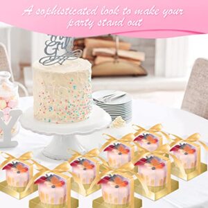 50 Pcs Clear Cupcake Boxes Individual 3.5 Inch Plastic Cupcake Containers Single Cupcake Boxes with Inserts and Ribbon Individual Cupcake Holders Cupcake Storage for Cake Dessert Carrier(Gold, Gold)