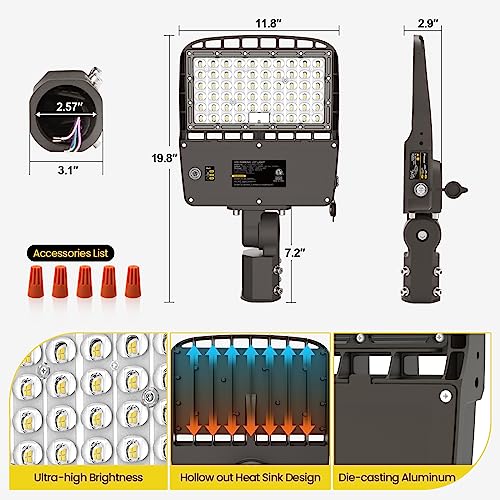 YARBO 200W LED Parking Lot Light 180W 150W Tunable, 32000LM (160LM/W) 5000K Parking Lot Light, Adjustable Slip Fitter, Dimmable LED Shoebox Light with Dusk to Dawn Photocell, Outdoor Street Pole Light