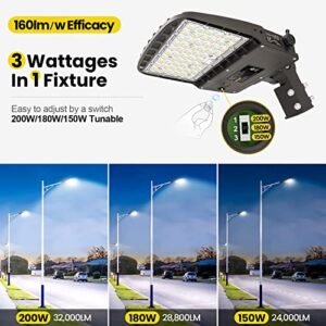YARBO 200W LED Parking Lot Light 180W 150W Tunable, 32000LM (160LM/W) 5000K Parking Lot Light, Adjustable Slip Fitter, Dimmable LED Shoebox Light with Dusk to Dawn Photocell, Outdoor Street Pole Light