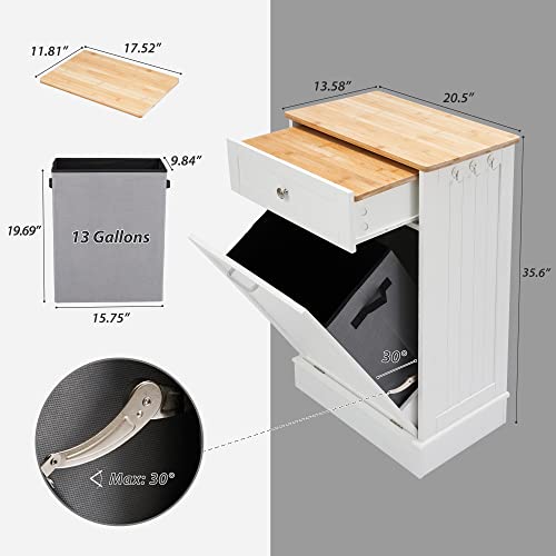 Spurgehom 10 Gallon Tilt Out Trash Cabinet Kitchen Waste Bins,Free Standing Laundry Hamper with Hideaway Drawer Wooden Bamboo Cutting Board Storage Bag,Pet Proof Trash Can for Living Room (White)